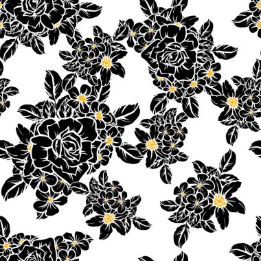Sorunsuz vintage tarzı çiçek deseni. Siyah ve beyaz çiçek öğeleri.