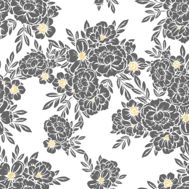 Sorunsuz vintage tarzı çiçek deseni. Siyah ve beyaz çiçek öğeleri.