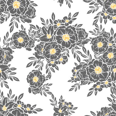 Sorunsuz vintage tarzı çiçek deseni. Siyah ve beyaz çiçek öğeleri.