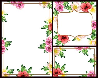 Klasik çiçek düğün kartları seti. Çiçek elementleri ve çerçeveleri.