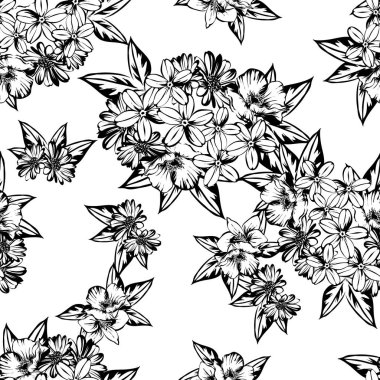 Sorunsuz vintage tarzı çiçek deseni. Siyah ve beyaz çiçek öğeleri.