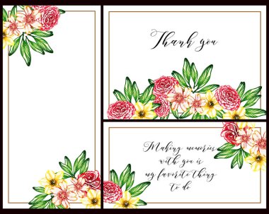 Klasik çiçek düğün kartları seti. Çiçek elementleri ve çerçeveleri.