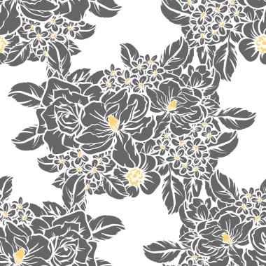 Sorunsuz vintage tarzı çiçek deseni. Siyah ve beyaz çiçek öğeleri.