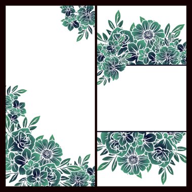 Vintage tarzı çiçek düğün kartları ayarlayın. Tek renkli renkli çiçek öğeleri ve çerçeveler.