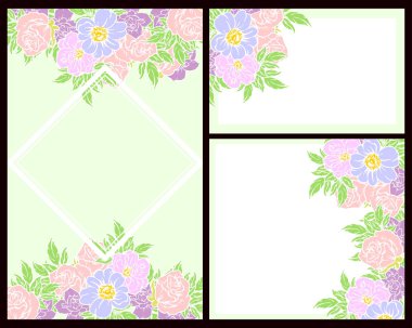 Klasik çiçek düğün kartları seti. Çiçek elementleri ve çerçeveleri.