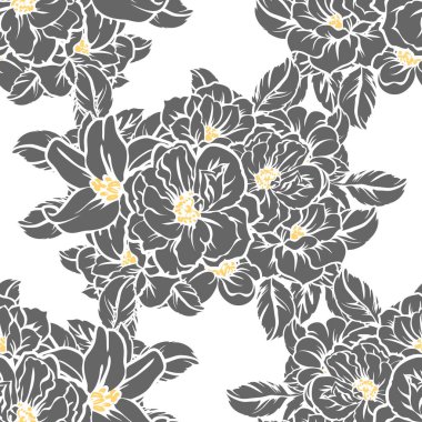 Sorunsuz vintage tarzı çiçek deseni. Siyah ve beyaz çiçek öğeleri.
