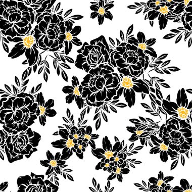 Sorunsuz vintage tarzı çiçek deseni. Siyah ve beyaz çiçek öğeleri.