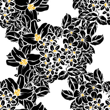 Sorunsuz vintage tarzı çiçek deseni. Siyah ve beyaz çiçek öğeleri.