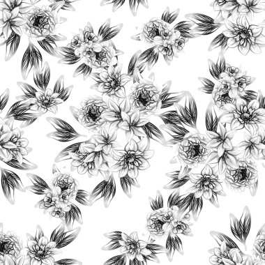 Sorunsuz vintage tarzı çiçek deseni. Siyah ve beyaz çiçek öğeleri.