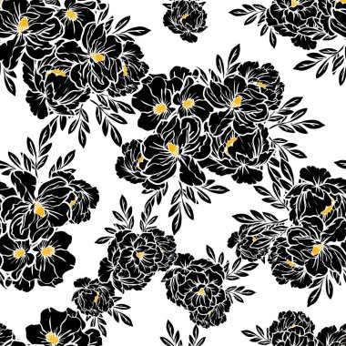 Sorunsuz vintage tarzı çiçek deseni. Siyah ve beyaz çiçek öğeleri.
