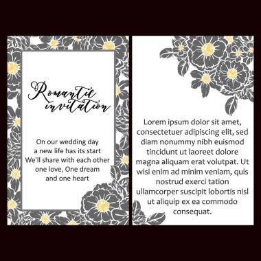 Siyah-beyaz klasik çiçek düğün kartları. Çiçek elementleri ve çerçeveleri.