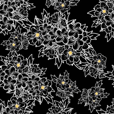 Sorunsuz vintage tarzı çiçek deseni. Siyah ve beyaz çiçek öğeleri.