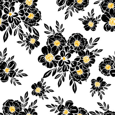 Sorunsuz vintage tarzı çiçek deseni. Siyah ve beyaz çiçek öğeleri.