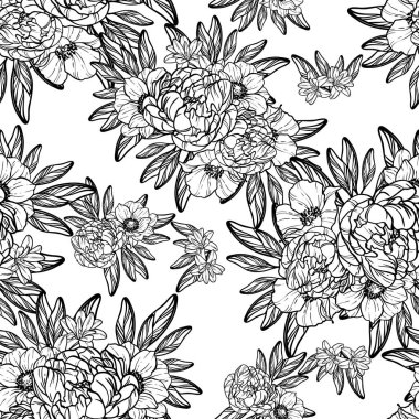 Sorunsuz vintage tarzı çiçek deseni. Siyah ve beyaz çiçek öğeleri.