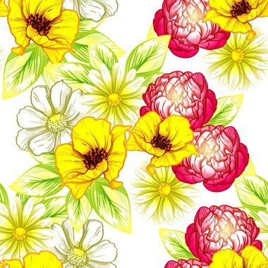 Sorunsuz vintage tarzı çiçek deseni. Renkli çiçek öğeleri