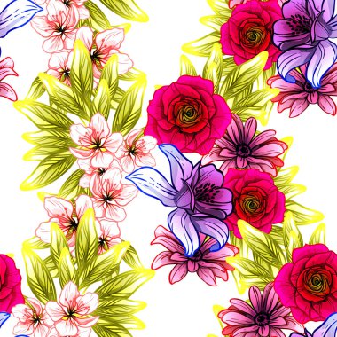 Sorunsuz vintage tarzı çiçek deseni. Renkli çiçek öğeleri
