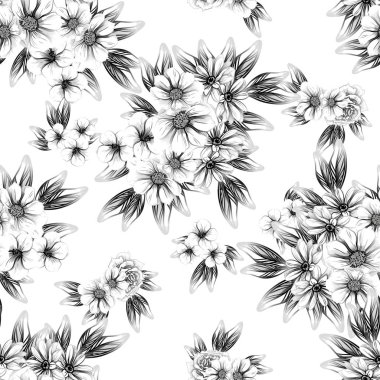 Sorunsuz vintage tarzı çiçek deseni. Siyah ve beyaz çiçek öğeleri.