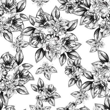 Sorunsuz vintage tarzı çiçek deseni. Siyah ve beyaz çiçek öğeleri.