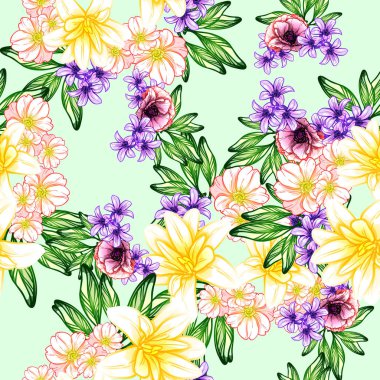 Sorunsuz vintage tarzı çiçek deseni. Renkli çiçek öğeleri