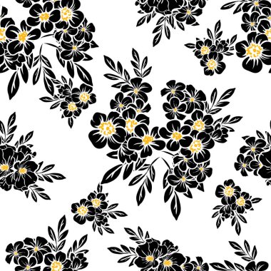 Sorunsuz vintage tarzı çiçek deseni. Siyah ve beyaz çiçek öğeleri.
