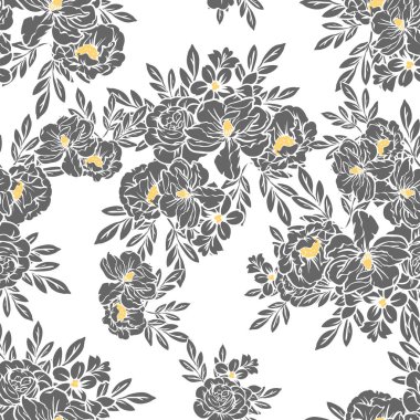 Sorunsuz vintage tarzı çiçek deseni. Siyah ve beyaz çiçek öğeleri.