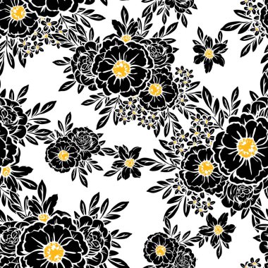 Sorunsuz vintage tarzı çiçek deseni. Siyah ve beyaz çiçek öğeleri.
