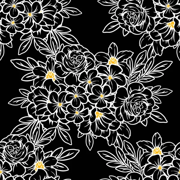 Padrão Flor Estilo Vintage Sem Costura Elementos Florais Preto Branco — Vetor de Stock