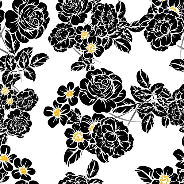 Patrón Flores Estilo Vintage Sin Costuras Elementos Florales Blanco Negro — Vector de stock