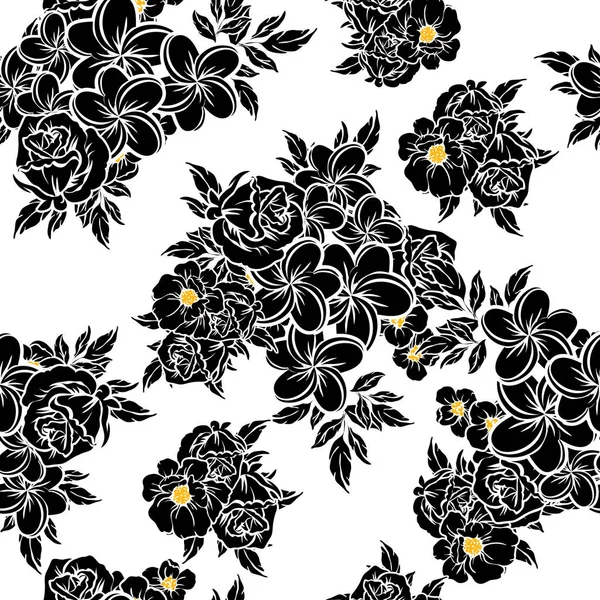 Modèle Fleur Style Vintage Sans Couture Eléments Floraux Noir Blanc — Image vectorielle