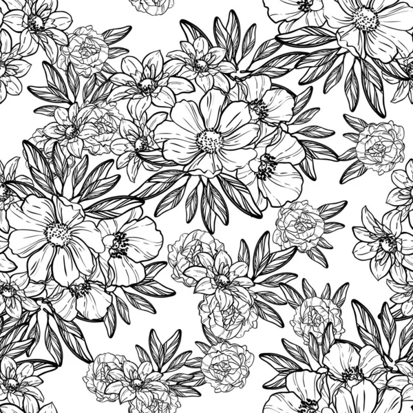 Seamless Vintage Style Flower Pattern Floral Elements Black White — Stock Vector