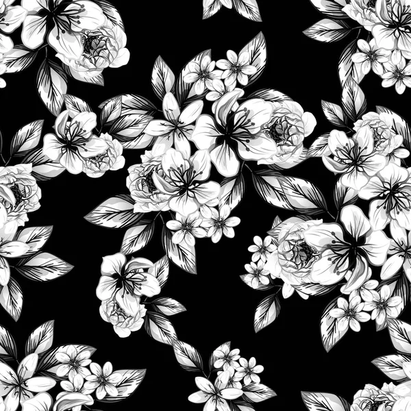 Nahtlose Blumenmuster Vintage Stil Florale Elemente Schwarz Und Weiß — Stockvektor