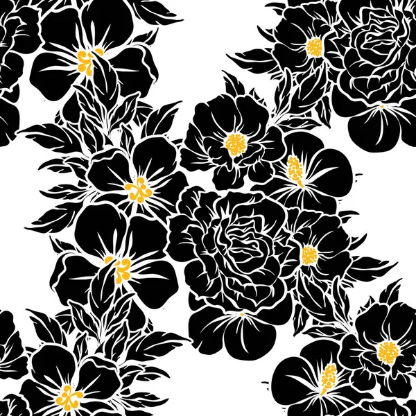 Modèle Fleur Style Vintage Sans Couture Eléments Floraux Noir Blanc — Image vectorielle