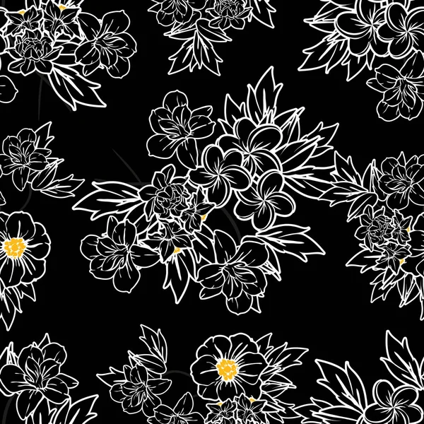 Patrón Flores Estilo Vintage Sin Costuras Elementos Florales Blanco Negro — Archivo Imágenes Vectoriales