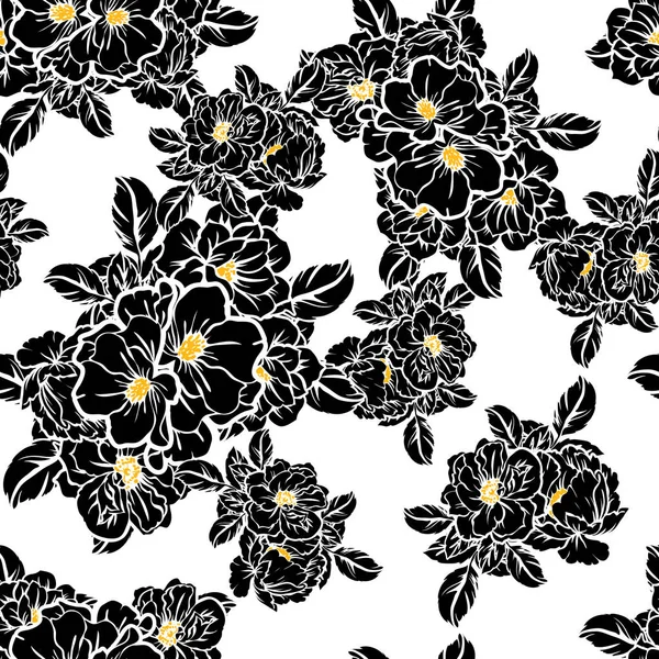 Padrão Flor Estilo Vintage Sem Costura Elementos Florais Preto Branco — Vetor de Stock