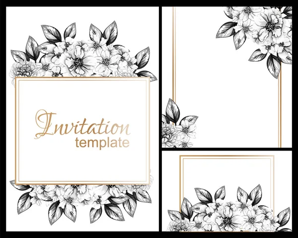 黒と白で設定されたヴィンテージスタイルの花の結婚式カード 花の要素とフレーム — ストックベクタ