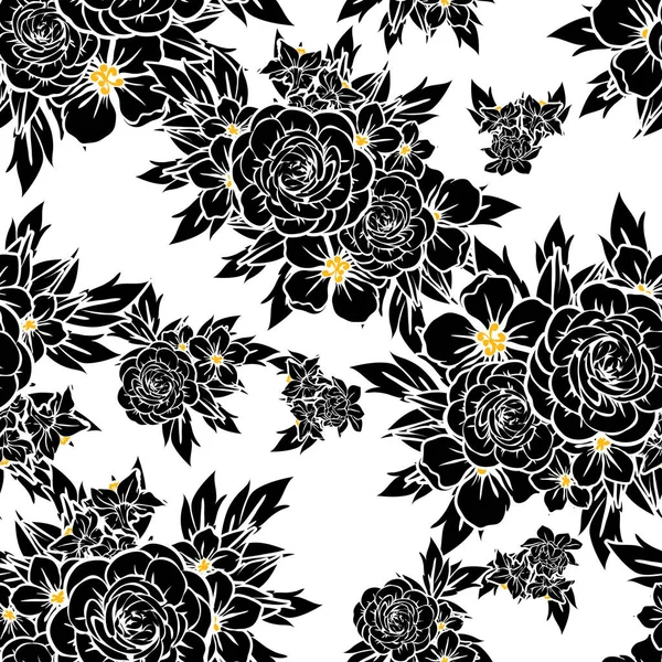 Modello Fiore Stile Vintage Senza Cuciture Elementi Floreali Bianco Nero — Vettoriale Stock