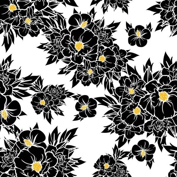 Modèle Fleur Style Vintage Sans Couture Eléments Floraux Noir Blanc — Image vectorielle