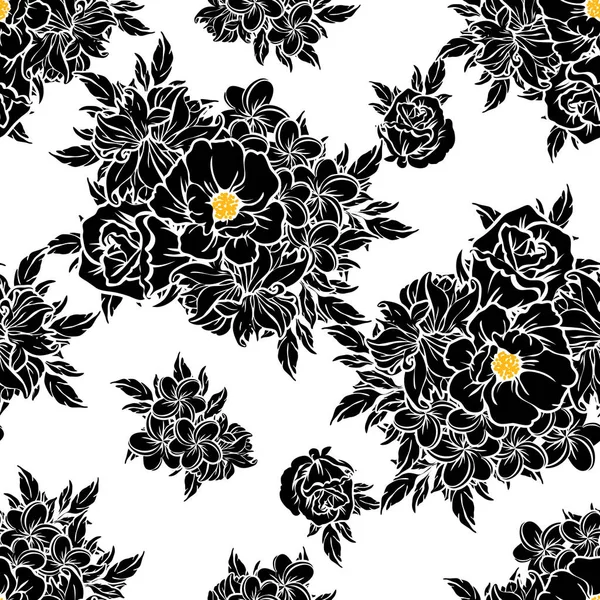 Padrão Flor Estilo Vintage Sem Costura Elementos Florais Preto Branco — Vetor de Stock