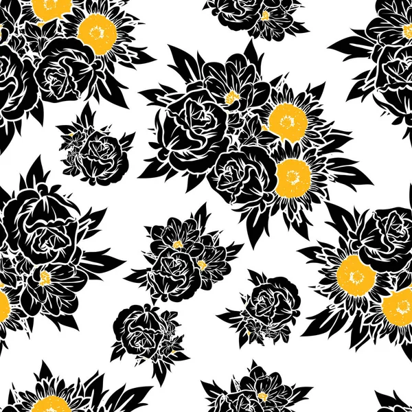 Padrão Flor Estilo Vintage Sem Costura Elementos Florais Preto Branco — Vetor de Stock