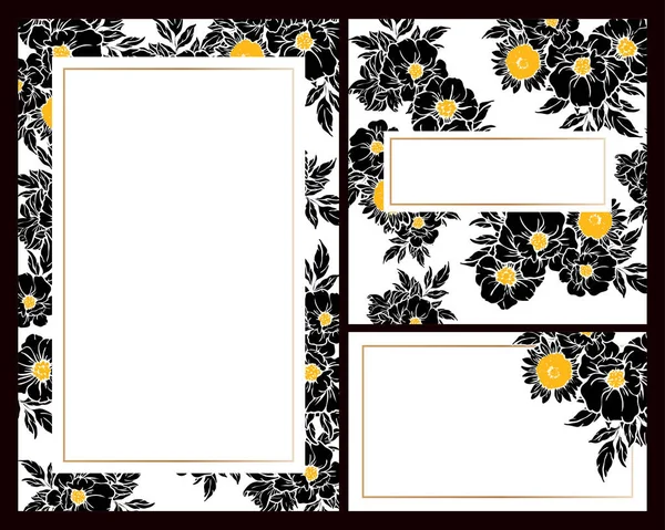 Cartes Mariage Fleurs Style Vintage Noir Blanc Eléments Floraux Cadres — Image vectorielle
