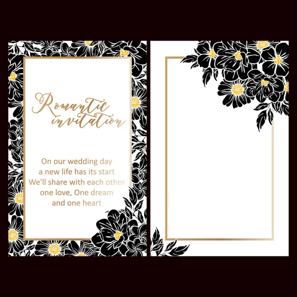 Cartes Mariage Fleurs Style Vintage Noir Blanc Eléments Floraux Cadres — Image vectorielle