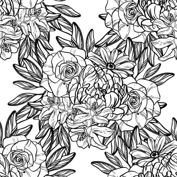 Seamless Vintage Style Flower Pattern Floral Elements Black White — Stock Vector