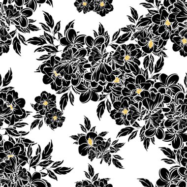 Sorunsuz vintage tarzı çiçek deseni. Siyah ve beyaz çiçek öğeleri.