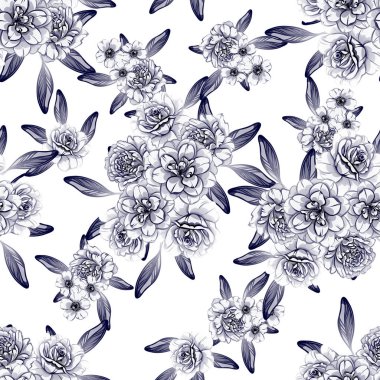 Sorunsuz vintage tarzı tek renkli renkli çiçek deseni. Çiçek öğeleri.