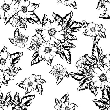 Sorunsuz vintage tarzı çiçek deseni. Siyah ve beyaz çiçek öğeleri.