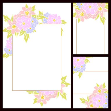 Klasik çiçek düğün kartları seti. Çiçek elementleri ve çerçeveleri.