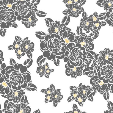 Sorunsuz vintage tarzı çiçek deseni. Siyah ve beyaz çiçek öğeleri.