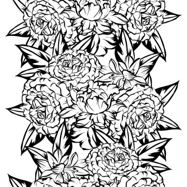 Sorunsuz vintage tarzı çiçek deseni. Siyah ve beyaz çiçek öğeleri.