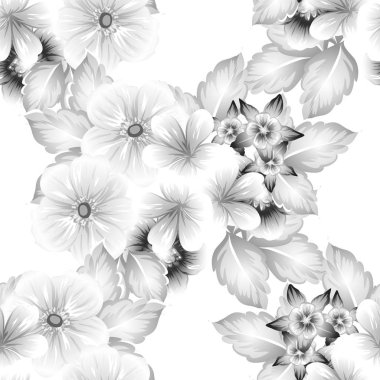 Sorunsuz vintage tarzı çiçek deseni. Siyah ve beyaz çiçek öğeleri.
