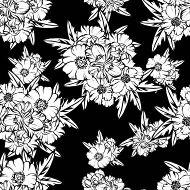 Sorunsuz vintage tarzı çiçek deseni. Siyah ve beyaz çiçek öğeleri.